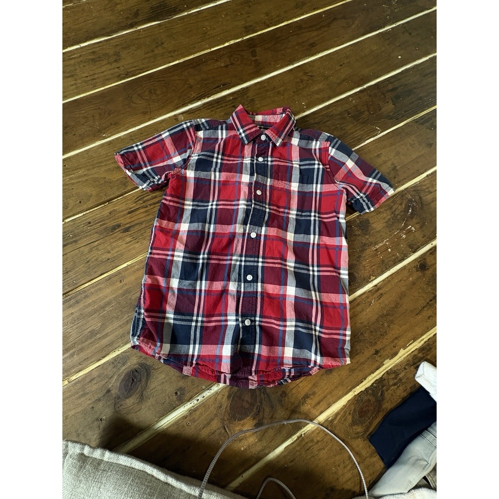 Boys 10/12 Button Up Red And Navy Blue Plaid